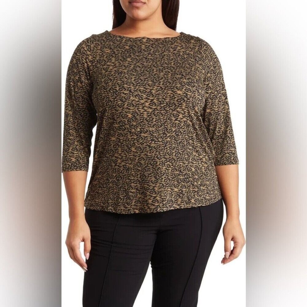 T Tahari Women's Top Size 2X/TTG long sleeves Stretch Brown/Black 3/4 Sleeve NWT